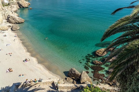 View from the Balcon de Europa to the beach Playa de la Calahonda in Nerja