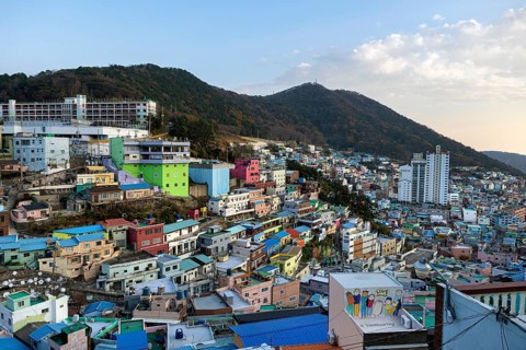 Colourful houses and mountains