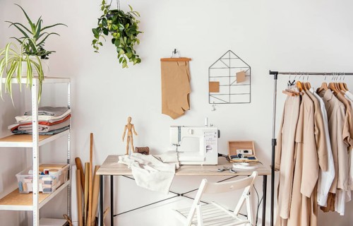 Front view tailoring studio with garments