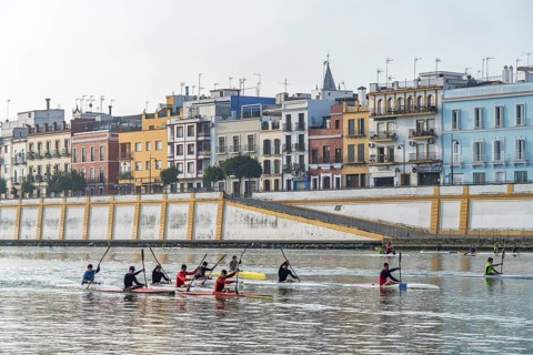 Kayaks on the Guadalquivir River in front of the Triana neighbourhood