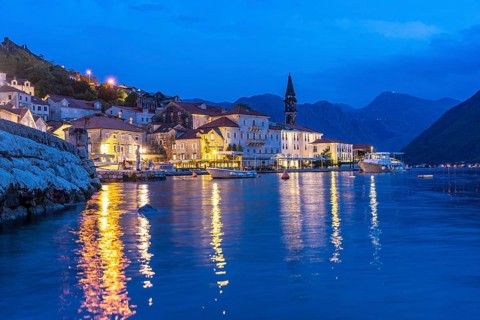 Perast with the Sveti Nikola Church on the Bay of Kotor at dusk