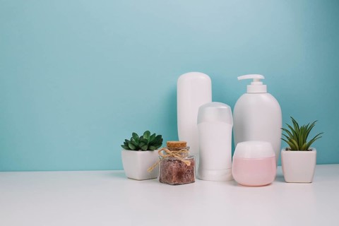 Cute plants near cosmetics bottles