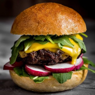Close up cheeseburger counter