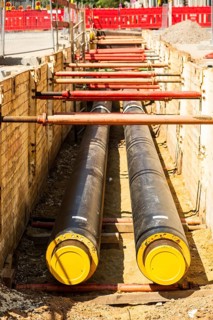 Construction work on a new district heating pipeline for the use of waste heat from an industrial plant in the Benrath district
