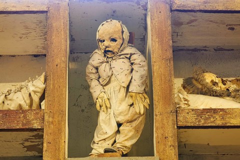 Standing mummy of an infant