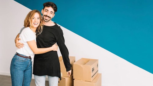 Loving couple moving new flat