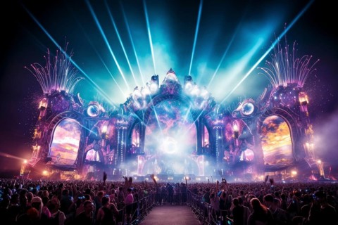 Concert stage at a huge rave festival