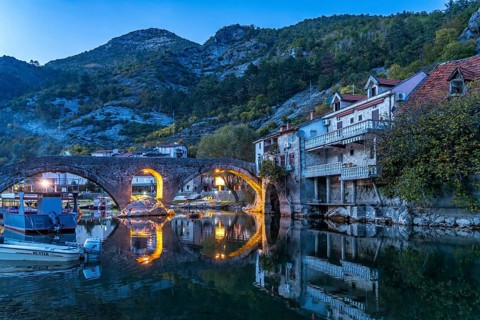 The Old Bridge Stari Most over the Crnojevic River in Rijeka Crnojevica at dusk