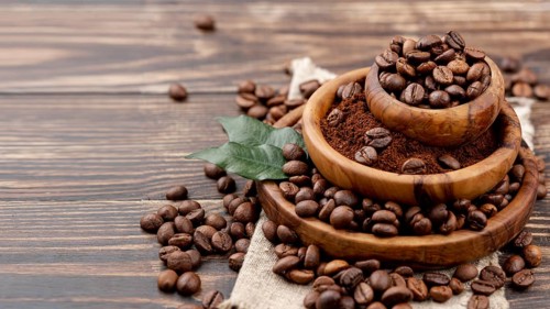 Front view coffee beans wooden table