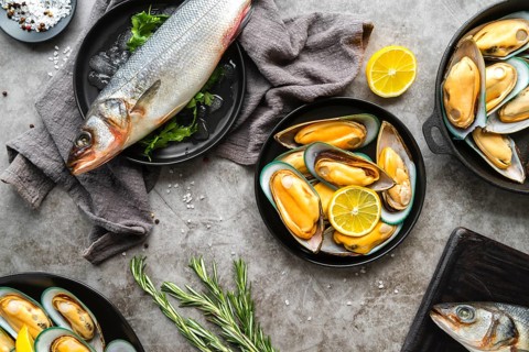 Flat lay delicious seafood composition