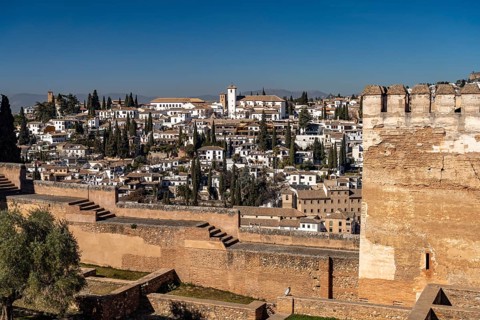 View from the castle complex of the Alhambra to the former Moorish residential quarter Albaicin in Granada