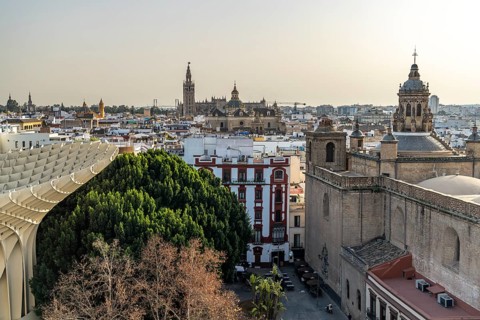 View of the cathedral and the church Iglesia de la Anunciacion from the Metropol Parasol