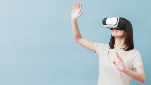Front view woman experiencing virtual reality