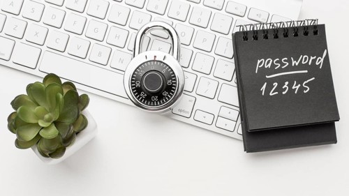 Top view lock keyboard with plant notebook