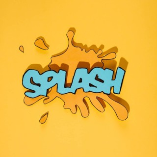Blue splash text blot against yellow background