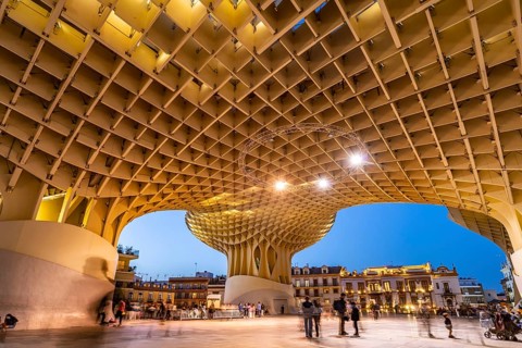 The futuristic wooden construction and observation deck Metropol Parasol at the Plaza de la Encarnacion at dusk