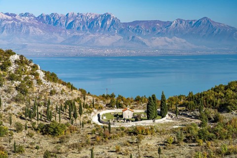 View of a chapel and cemetery at Lake Scutari