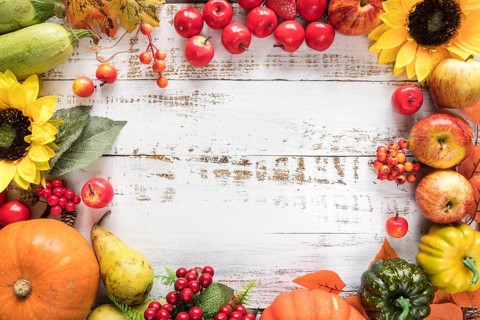 Rich harvest vegetables fruits wooden surface