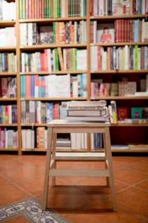 Books lying ladder bookstore