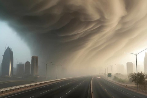 A devastating tornado rages over a major city