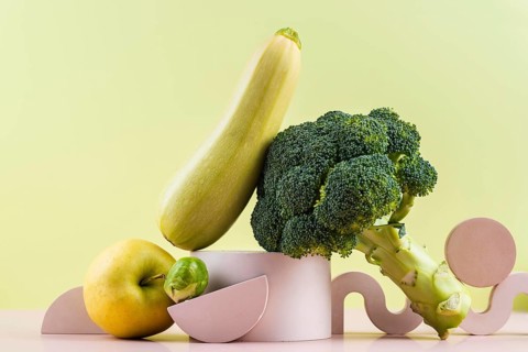 Arrangement delicious fresh fruits veggies