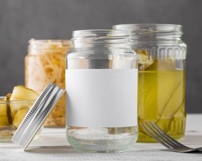 Front view pickled vegetables clear jars