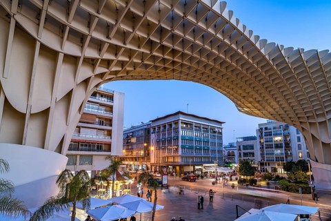 The futuristic wooden construction and observation deck Metropol Parasol at the Plaza de la Encarnacion at dusk