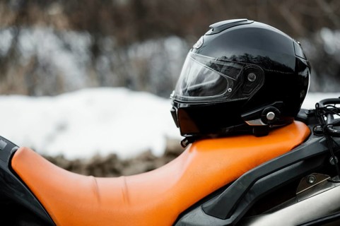 Close up motorcycle with helmet