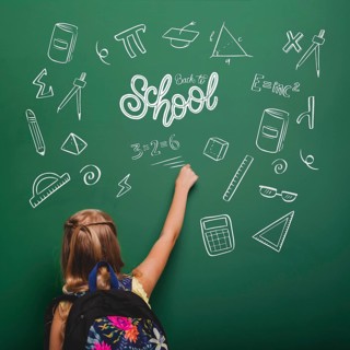 Medium shot girl writing green board