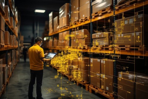 A warehouse worker in a goods warehouse controls logistics with a tablet