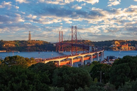 View of Lisbon view from Miradouro do Bairro do Alvito tourist viewpoint of Tagus river
