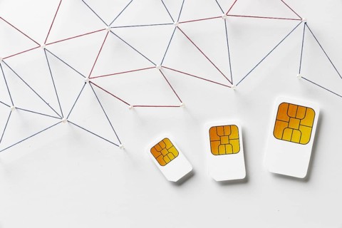 Top view three sim cards with internet communication network