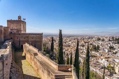 View from the castle complex of the Alhambra to the former Moorish residential quarter Albaicin in Granada