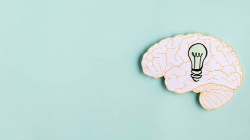 Paper brain with light bulb copy space