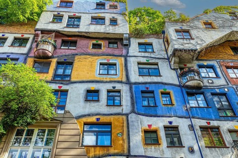 Green and colourful facade of the Hundertwasser House