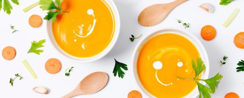 Top view delicious pumpkin soup table