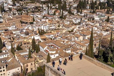 View from the castle complex of the Alhambra to the former Moorish residential quarter Albaicin in Granada
