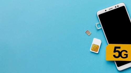 Top view smartphone with sim card copy space
