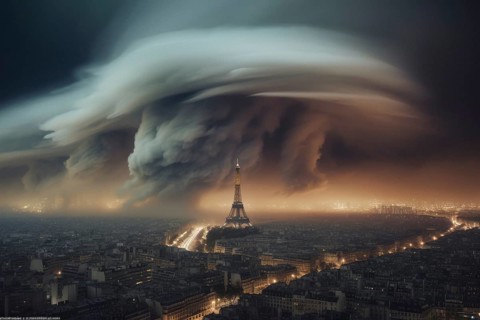 A devastating tornado rages over a major city