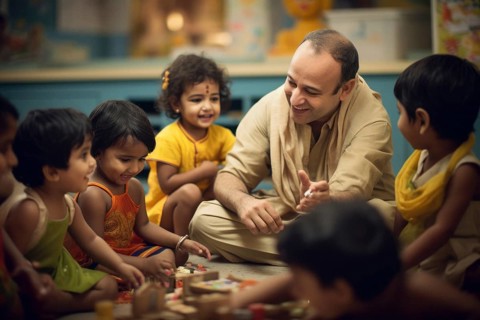 Happy playing Indian children in the kindergarten With kindergarten uncle
