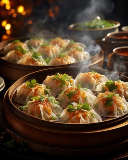 Plate of delicately prepared Chinese dim sum noodle pockets