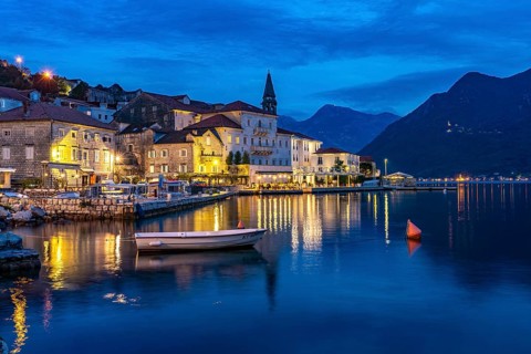 Perast with the Sveti Nikola Church on the Bay of Kotor at dusk