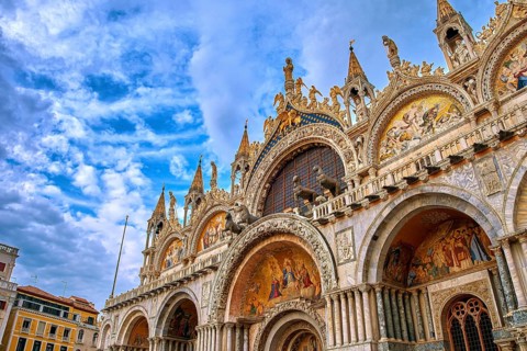 Upshot view of main facade of St Mark's or San Marco cathedral