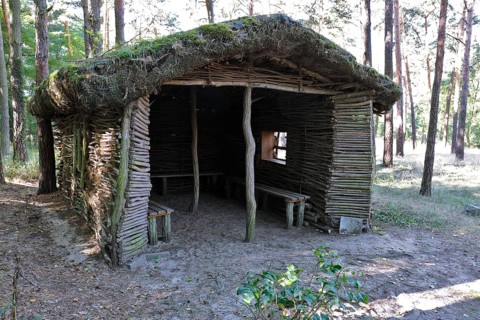Rest hut made of natural materials in the forest