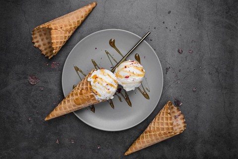 Top view ice cream cones plate