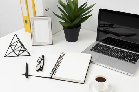 High angle office desk arrangement