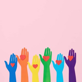 Top view diversity composition different colored paper hands with copy space