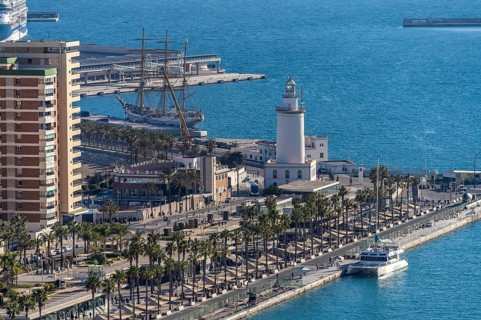 Harbour promenade Muelle Uno and lighthouse La Farola seen from above