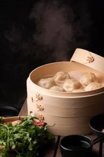 High angle traditional asian dumplings with copy space
