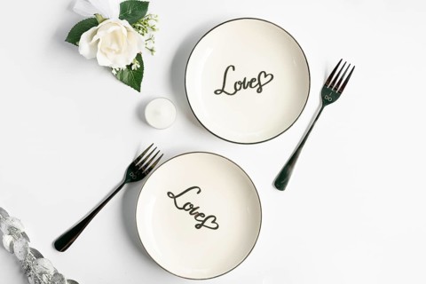 Top view wedding plates with white background